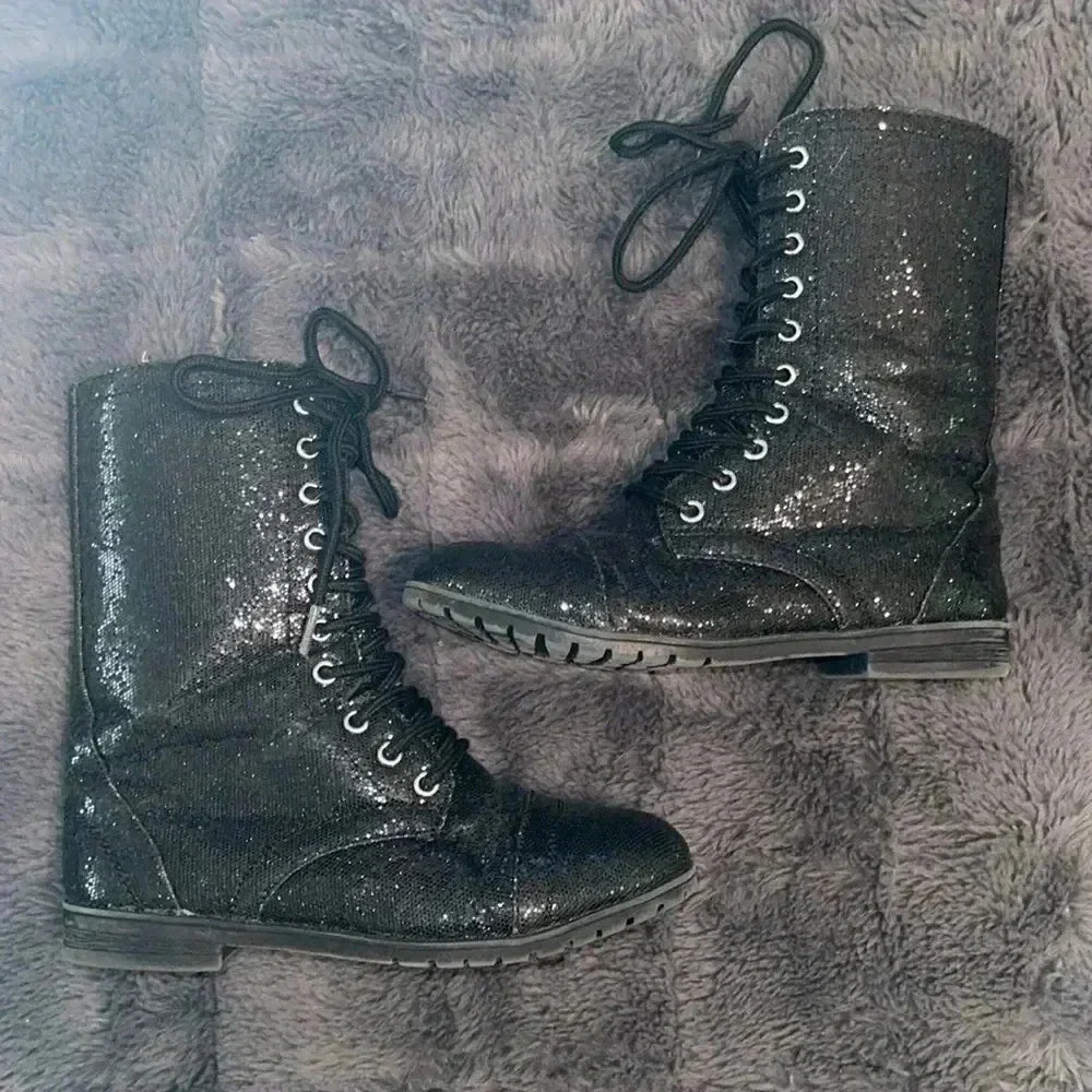 Black glitter combat boots